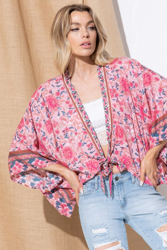 LIGHT WOVEN SQUARED OPEN KIMONO CARDIGAN WITH TIE