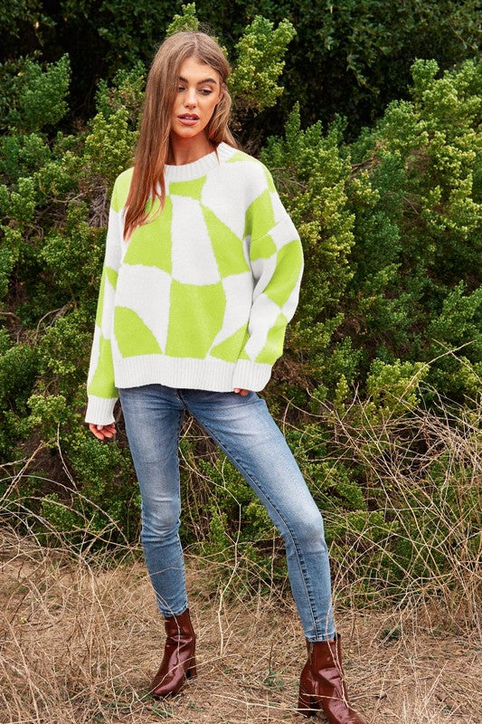 Multi Geo Checker Pullover Knit Sweater Top king-general-store-5710.myshopify.com