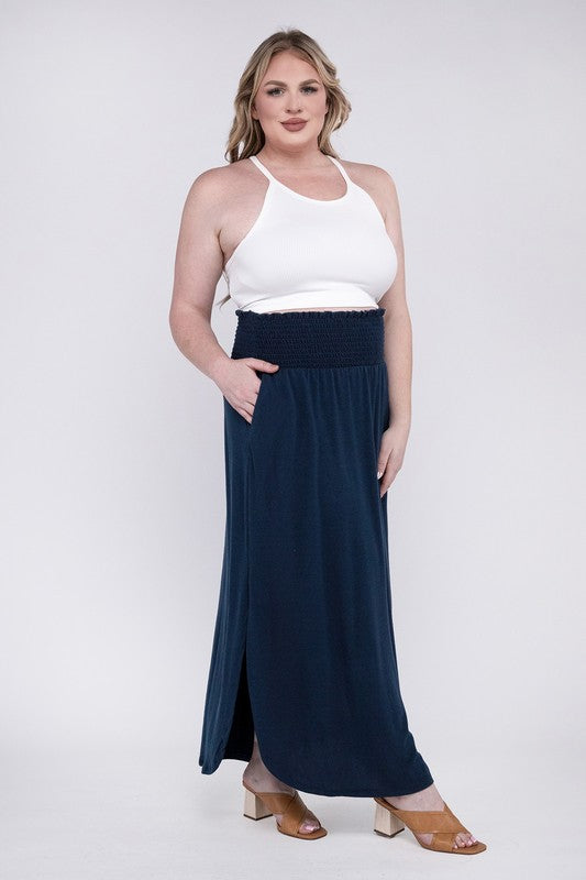 Plus Smocked Waist Side Slit Maxi Skirt with Pockets king-general-store-5710.myshopify.com