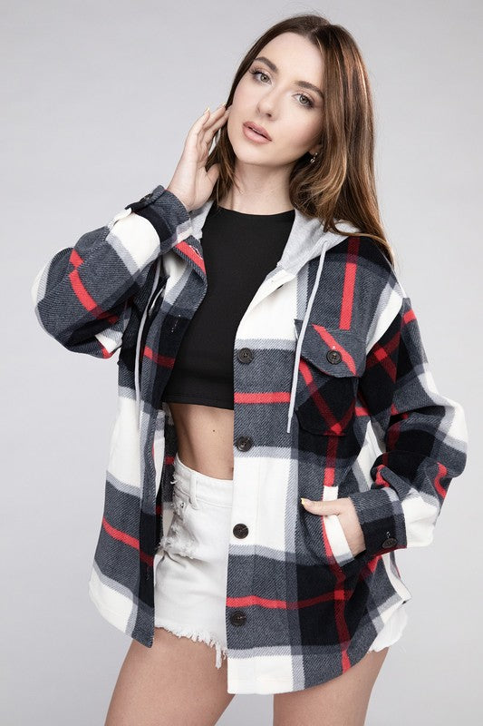 Plaid Drawstring Hooded Fleece Shacket king-general-store-5710.myshopify.com