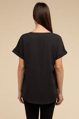 Woven Heavy Dobby Rolled Sleeve Boat Neck Top