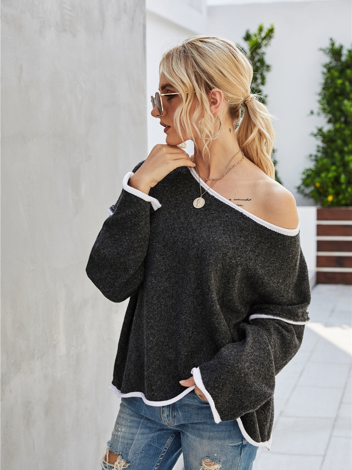 Angel Wings Boat Neck Dropped Shoulder Sweater