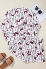 Printed Collared Neck Long Sleeve Top and Shorts Lounge Set