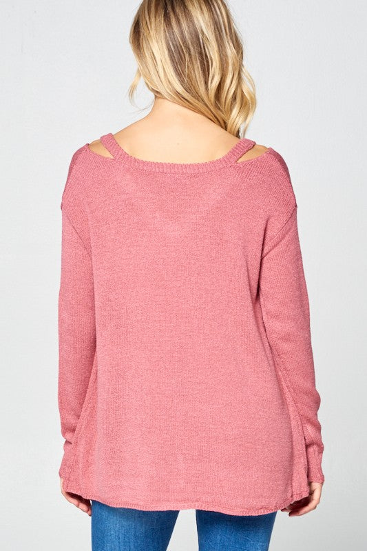 Solid Light Knit V-Neck Cold Shoulder Sweater