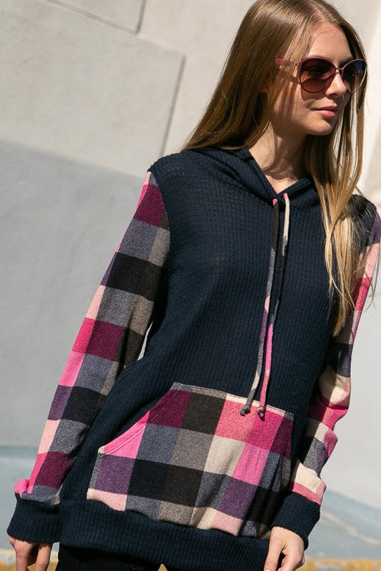 PLAID MIXED HOODIE SWEATSHIRT