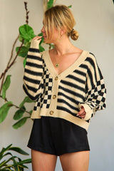 Button Down Contrast Pattern Sweater Cardigan king-general-store-5710.myshopify.com