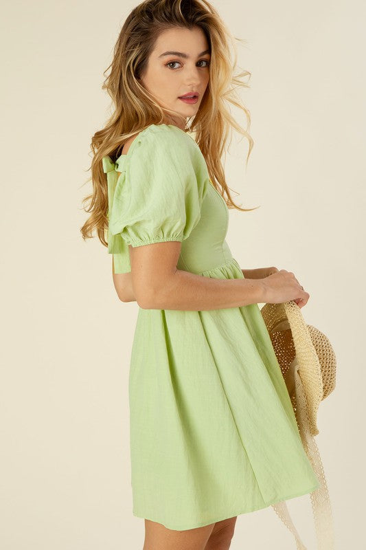 Green Tie Back Dress with Puff Sleeves king-general-store-5710.myshopify.com