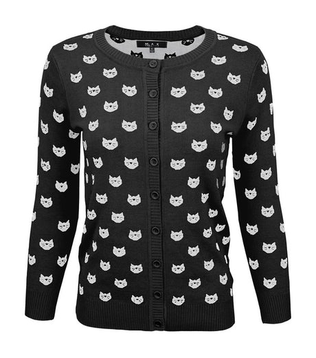 Round Neck Cat Patterned Cardigan Sweater king-general-store-5710.myshopify.com