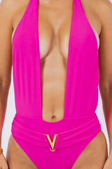 One Piece Bathing Suit with Deep Open Back and Belt on Waist