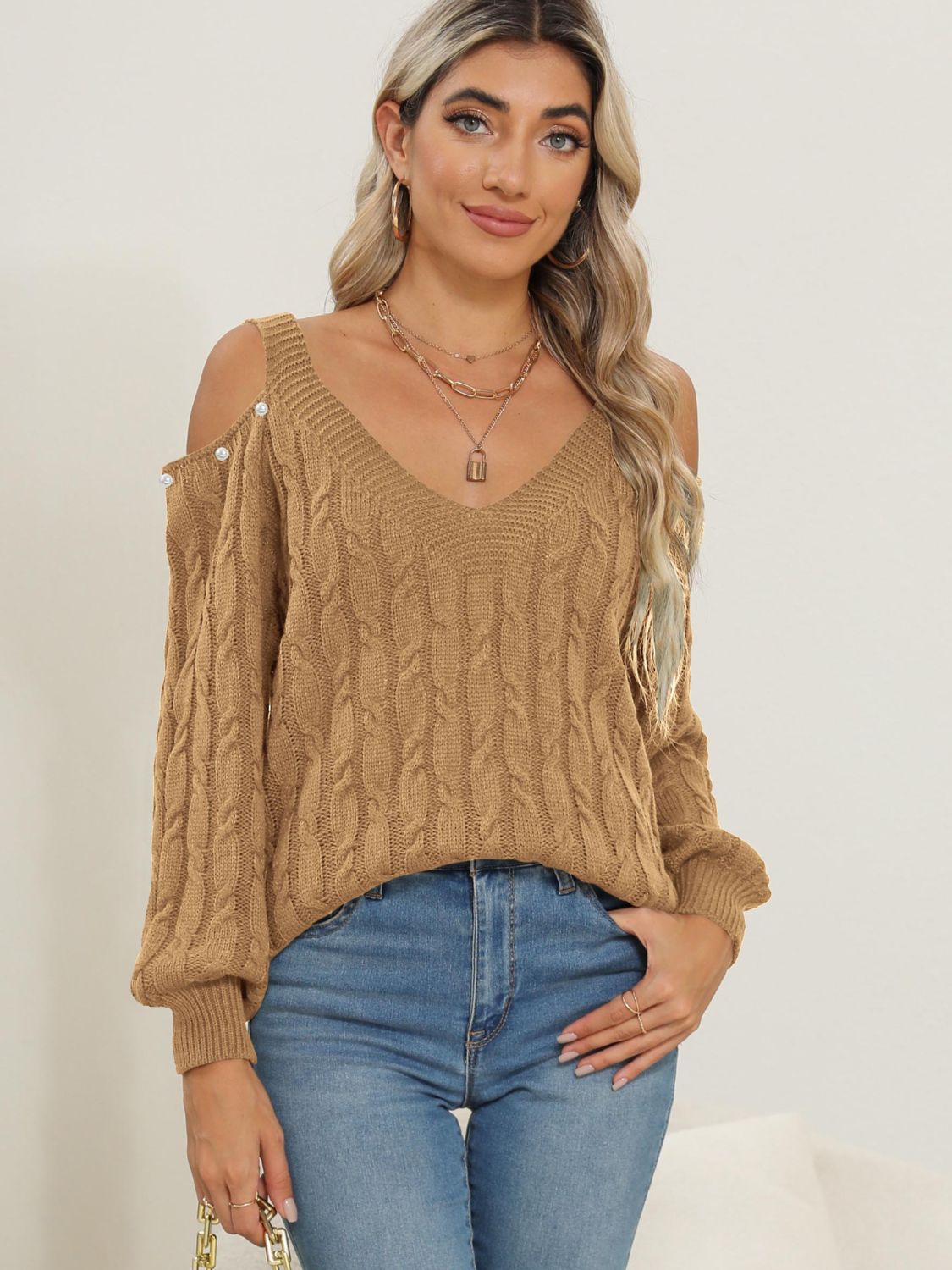 Cable-Knit Cold Shoulder Sweater