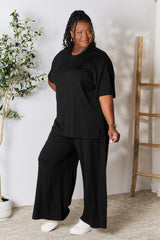 Double Take Full Size Round Neck Slit Top and Pants Set