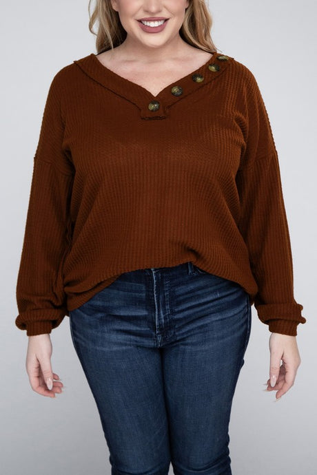 Plus Brushed Waffle V-Neck Button Detail Sweater king-general-store-5710.myshopify.com