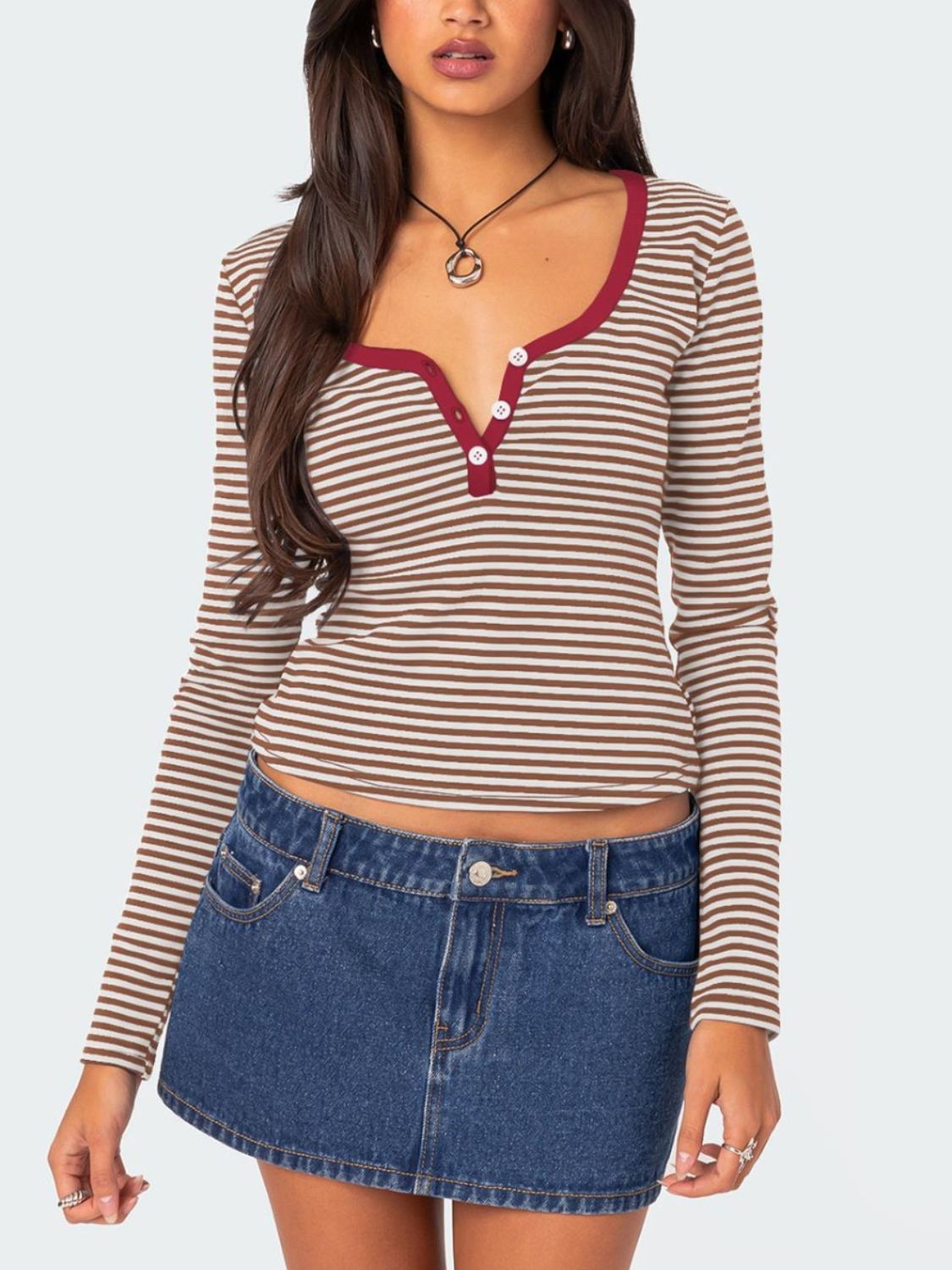 Buttoned Striped Long Sleeve T-Shirt