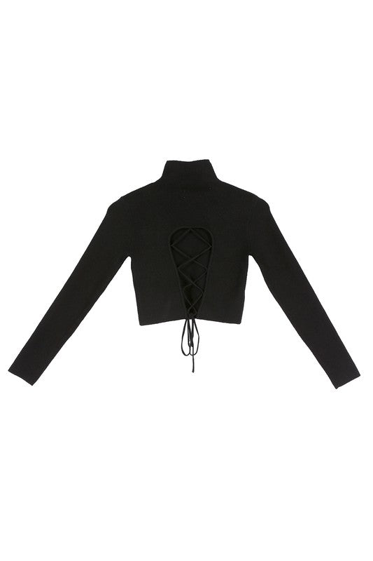 Mock Neck Lace-Up Open Back Top king-general-store-5710.myshopify.com