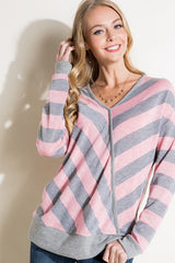 HACCI SLUB STRIPE V NECK TOP