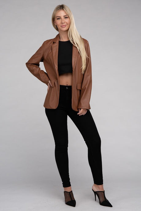 Sleek Pu Leather Blazer with Front Closure king-general-store-5710.myshopify.com