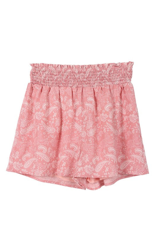 Pink Paisley Shirred Waist Casual Shorts king-general-store-5710.myshopify.com