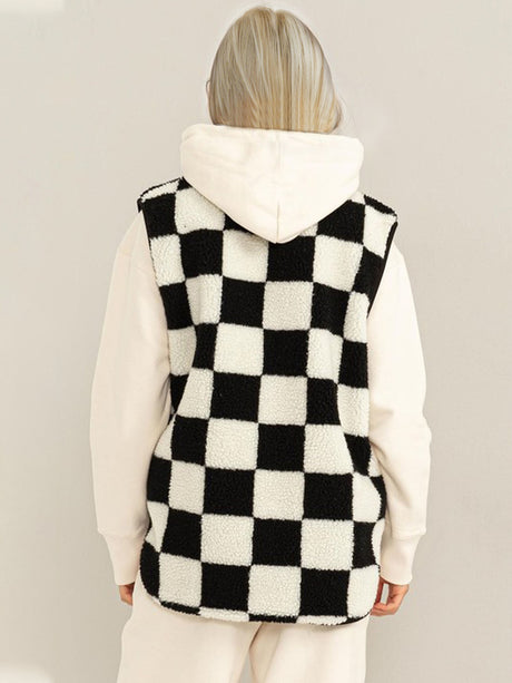 Double Take Full Size Zip Up Checkered Vest