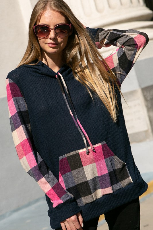 PLAID MIXED HOODIE SWEATSHIRT