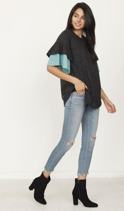 Plus Color Block Sleeve Ruffle Knit Top