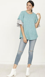 Plus Color Block Sleeve Ruffle Knit Top