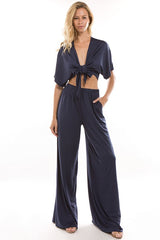 Navy Crop Tie Top & Flare Pants Casual Set