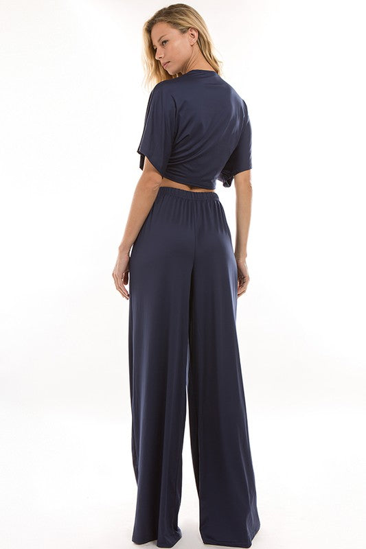 Navy Crop Tie Top & Flare Pants Casual Set