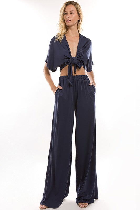 Navy Crop Tie Top & Flare Pants Casual Set