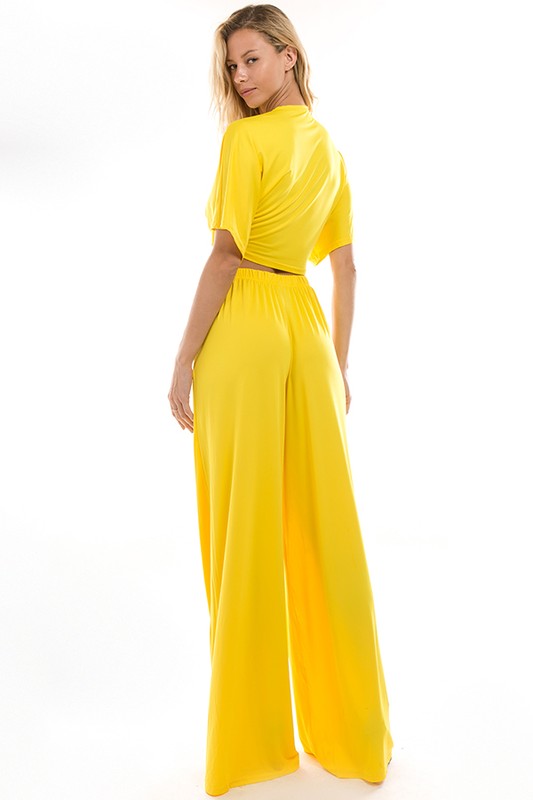 Yellow Crop Tie Top & Flare Pants Casual Set