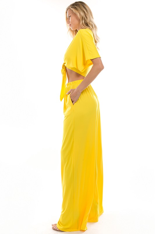 Yellow Crop Tie Top & Flare Pants Casual Set