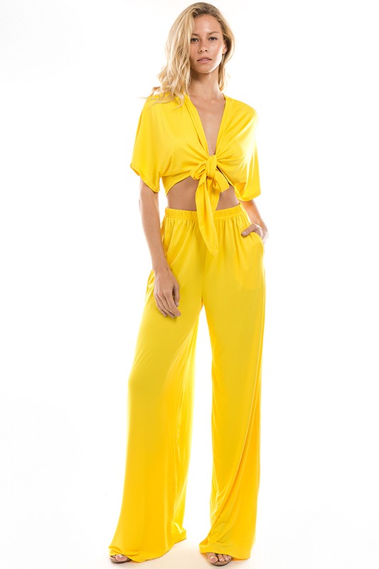 Yellow Crop Tie Top & Flare Pants Casual Set