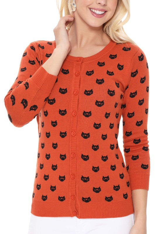 Round Neck Cat Patterned Cardigan Sweater king-general-store-5710.myshopify.com