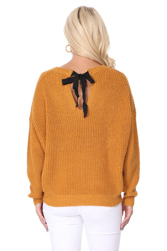 Waffle Stitch Bat Wing Bow Back Pullover  Sweater king-general-store-5710.myshopify.com