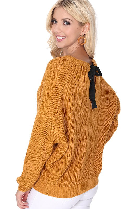 Waffle Stitch Bat Wing Bow Back Pullover  Sweater king-general-store-5710.myshopify.com