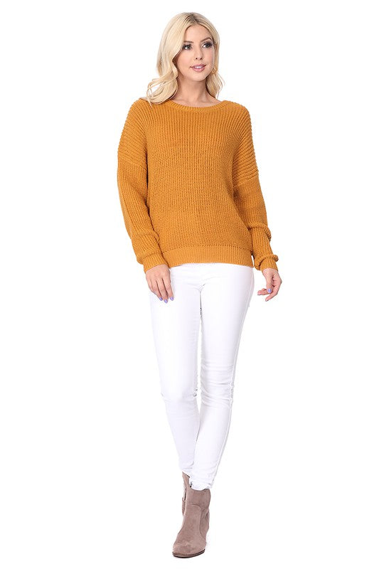 Waffle Stitch Bat Wing Bow Back Pullover  Sweater king-general-store-5710.myshopify.com