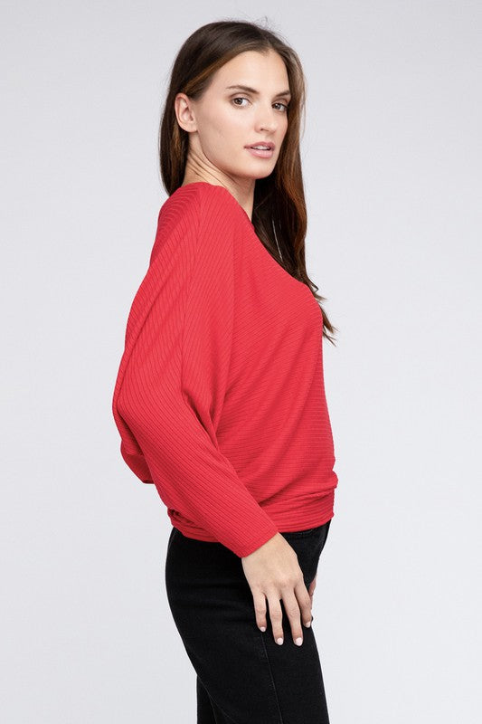 Ribbed Batwing Long Sleeve Boat Neck Sweater king-general-store-5710.myshopify.com