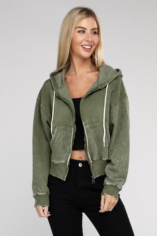 Acid Wash Fleece Cropped Zip-Up Hoodie king-general-store-5710.myshopify.com