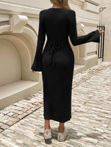 Devine Tied Round Neck Long Sleeve Midi Dress