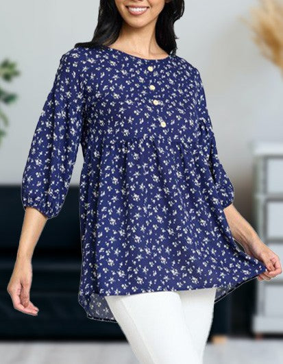 Lightweight Button Accent Ditsy Floral Tunic Top