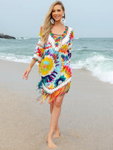 Fringe V-Neck Three-Quarter Sleeve Cover Up