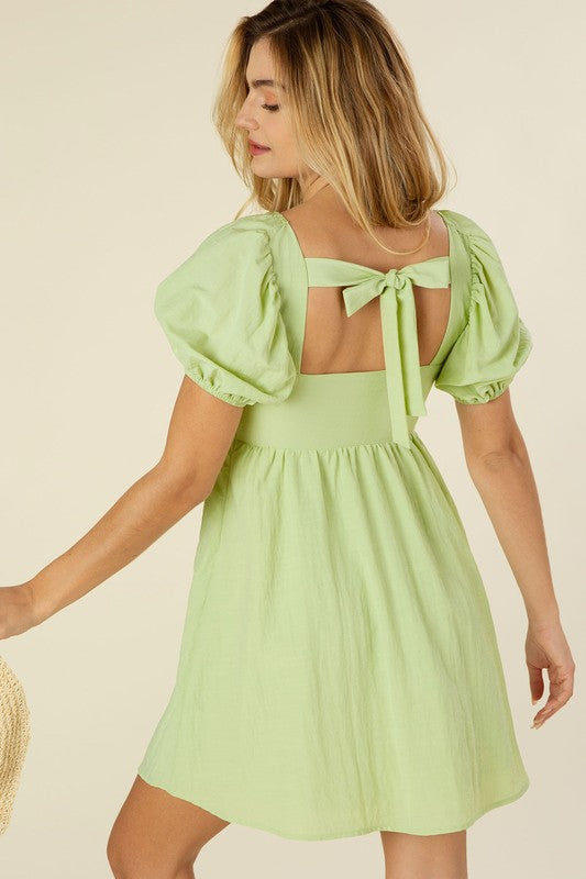 Green Tie Back Dress with Puff Sleeves king-general-store-5710.myshopify.com