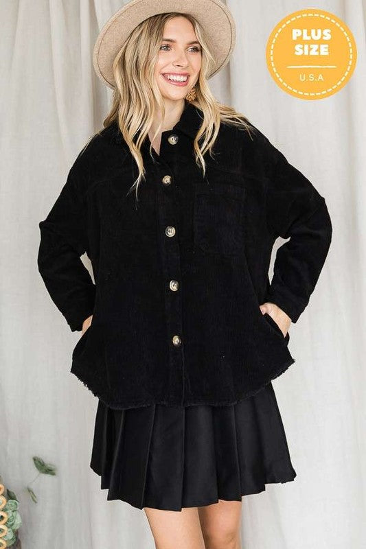 Plus Button Front Ribbed Velvet Jacket king-general-store-5710.myshopify.com