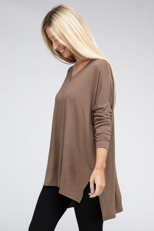 Dolman Long Sleeve V-Neck Side Slit Hi-Low Hem Top king-general-store-5710.myshopify.com