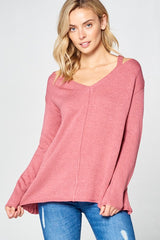 Solid Light Knit V-Neck Cold Shoulder Sweater