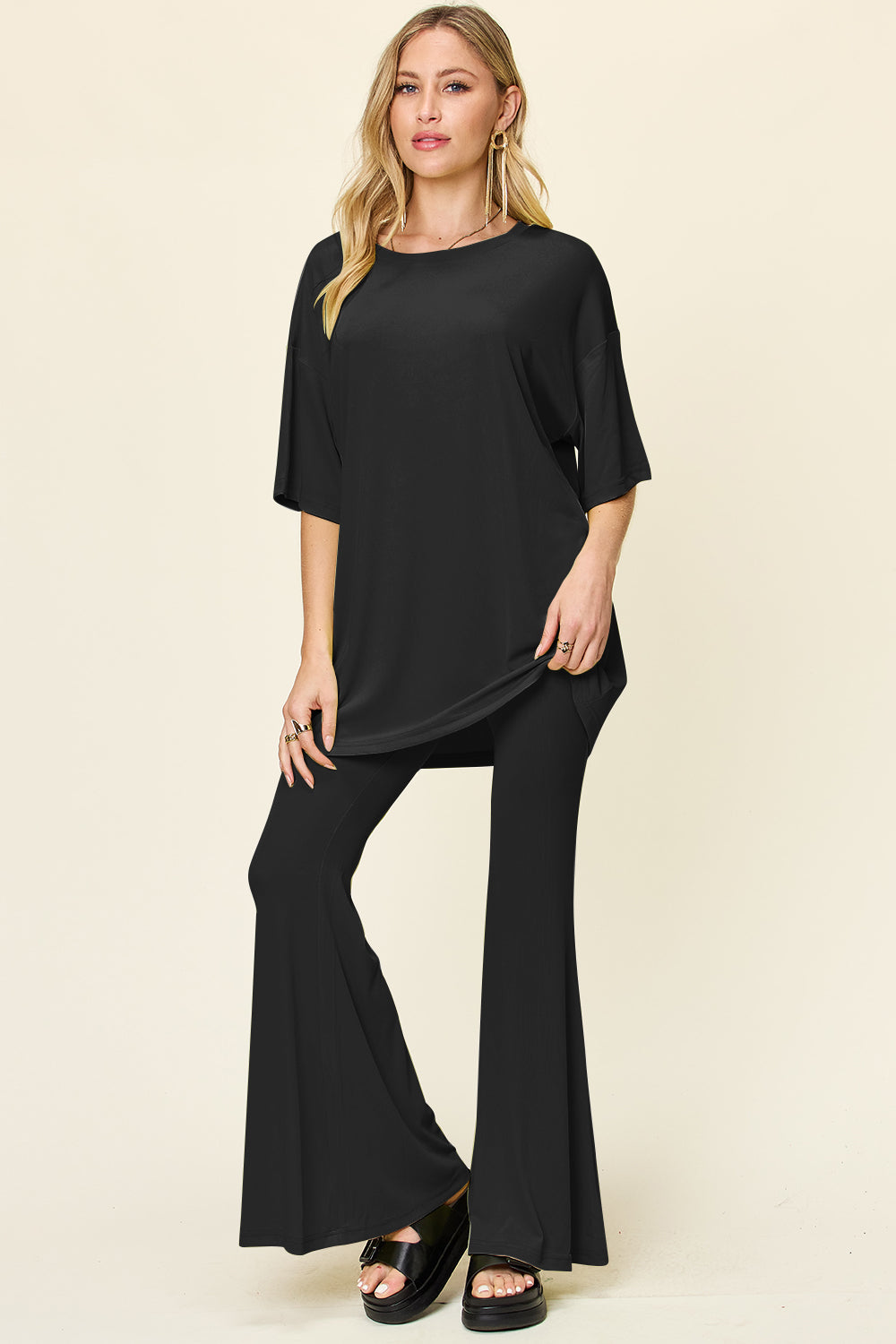 Double Take Full Size Round Neck Drop Shoulder T-Shirt and Flare Pants Set