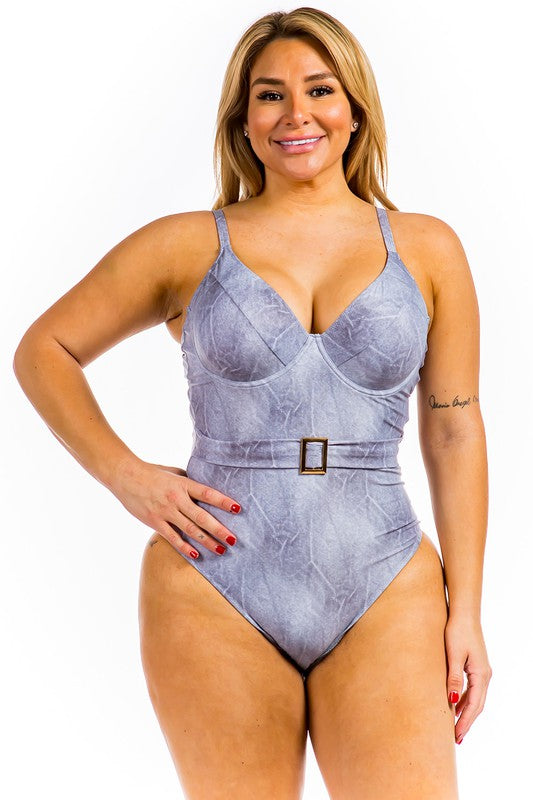 Plus One Piece Buckle Belt Embellish Denim Swimsuit king-general-store-5710.myshopify.com