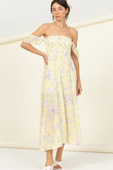 Off The Shoulder Pastel Floral Smocked Midi Dress