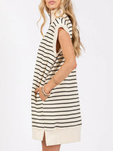 Full Size Pocketed Striped Quarter Zip Cap Sleeve Dress