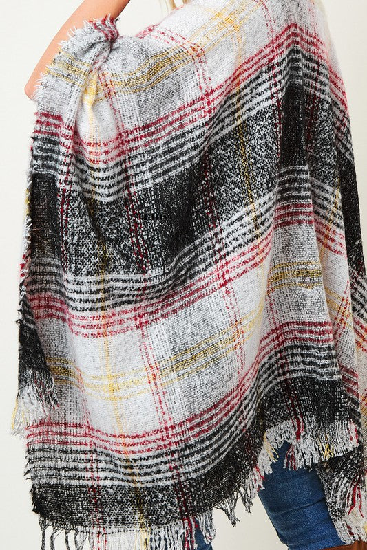 MULTI COLOR PLAID FRINGE TRIM PONCHO SHAWL