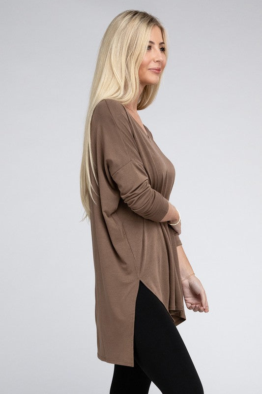 Dolman Long Sleeve V-Neck Side Slit Hi-Low Hem Top king-general-store-5710.myshopify.com